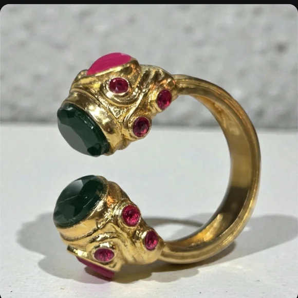 18k Gold Plated Chunky Green Onyx Pink Chalcedony Byzantine Ring - Picture 3 of 7